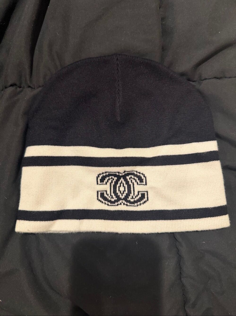 Black and cream beanie